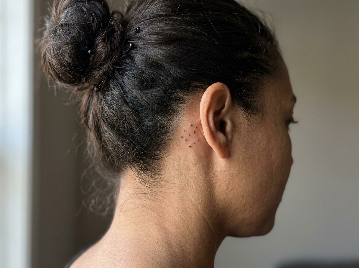 Taurus tattoo: pleiades stars behind the ear