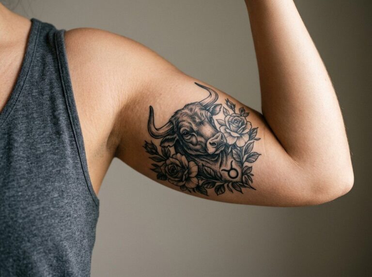 Taurus tattoo: bull head with flowers on the upper arm