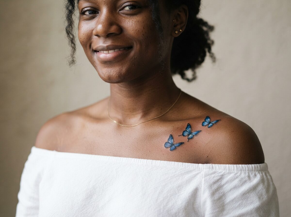 Three blue butterflies tattoo along the collarbone