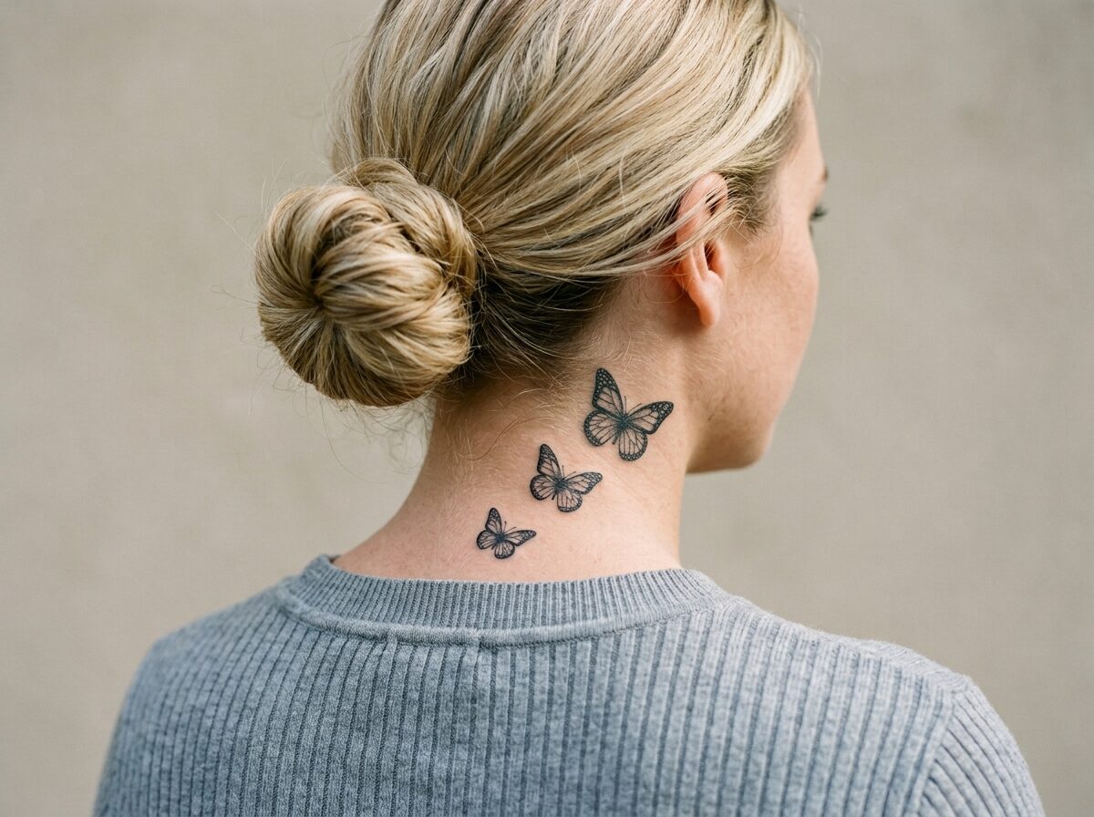 Three butterflies tattoo going up the back of the neck