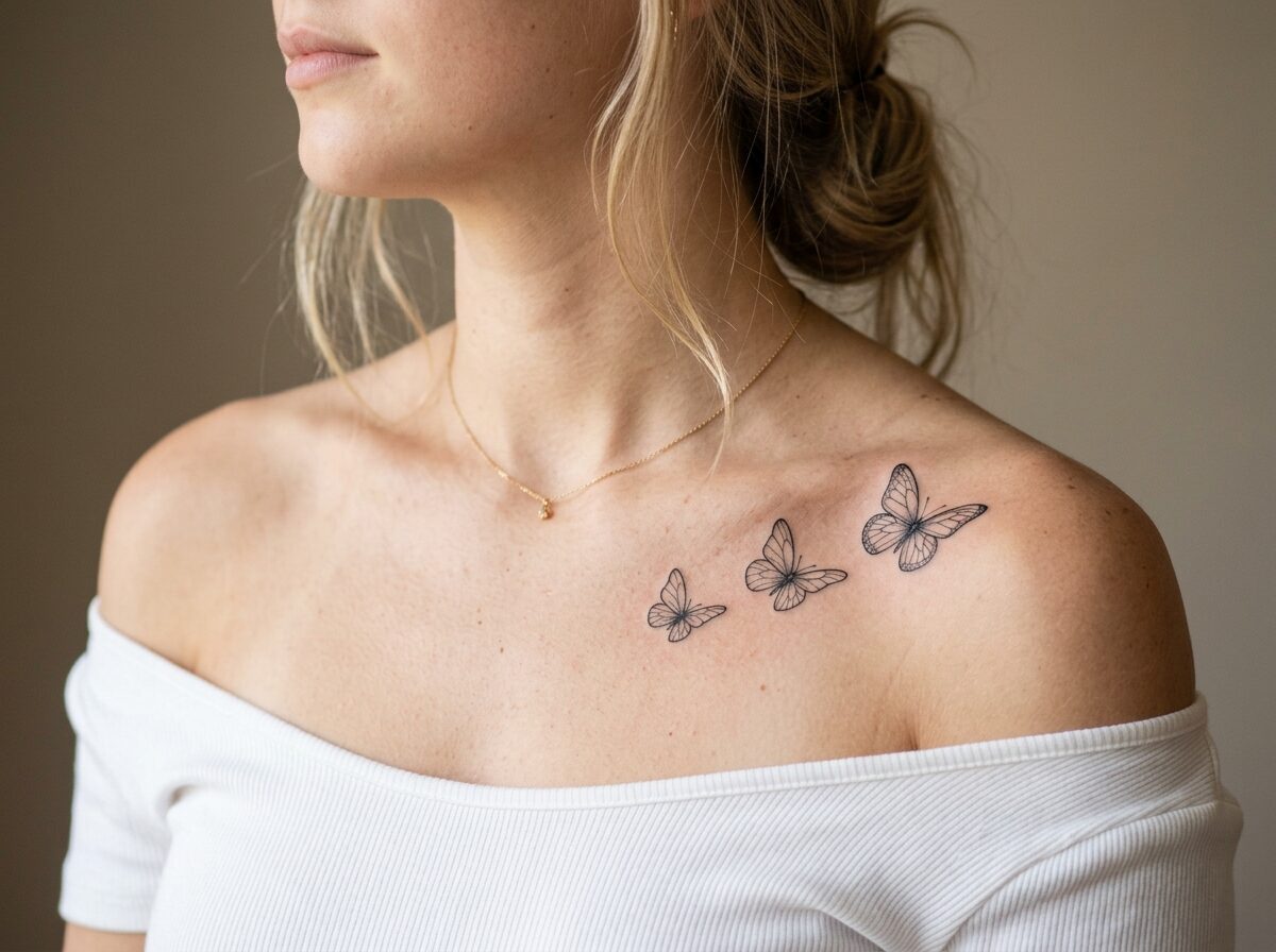Three fine line butterflies on the collarbone