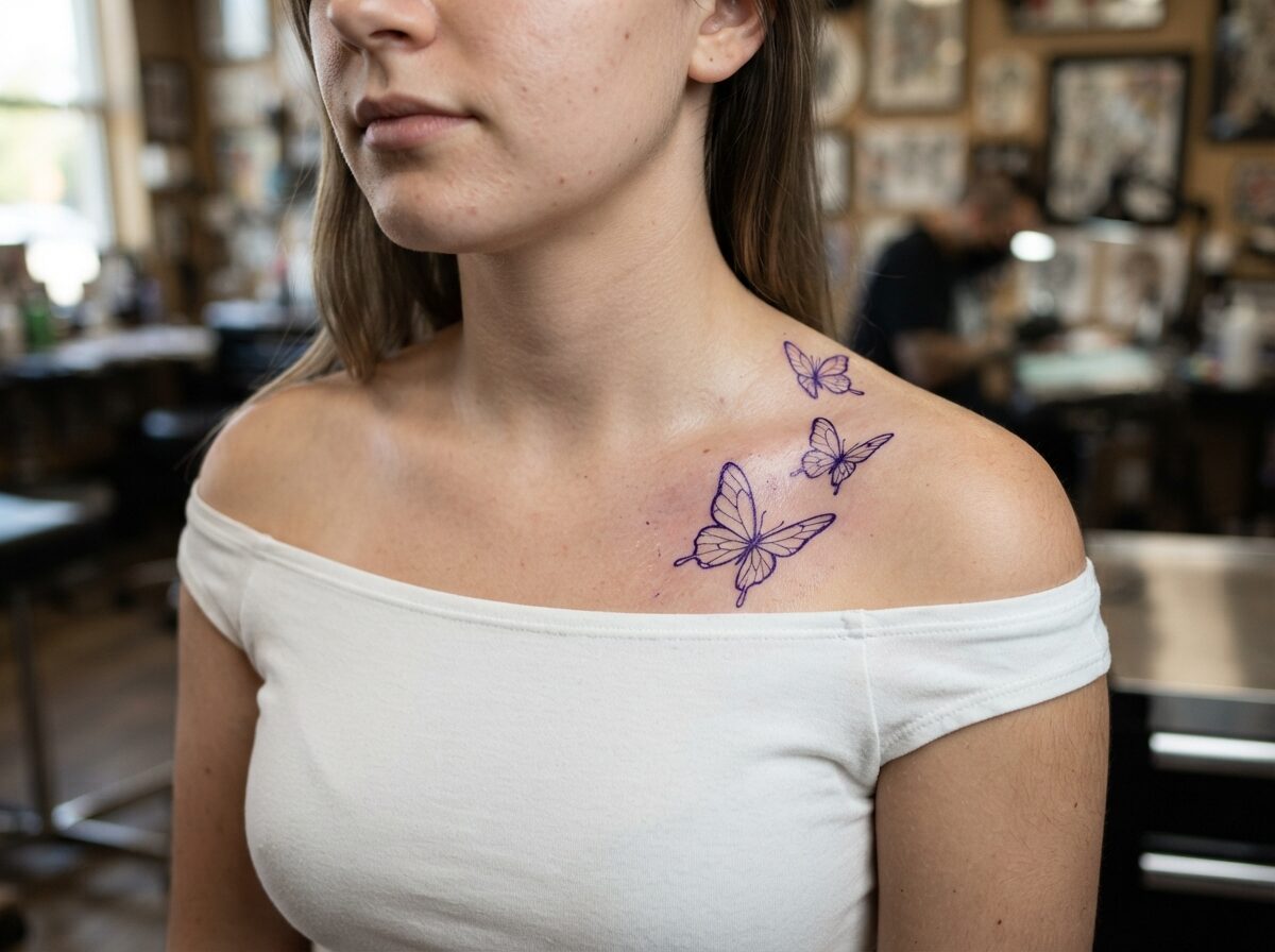 Three flying butterflies in a rising diagonal trail stencil on the collarbone