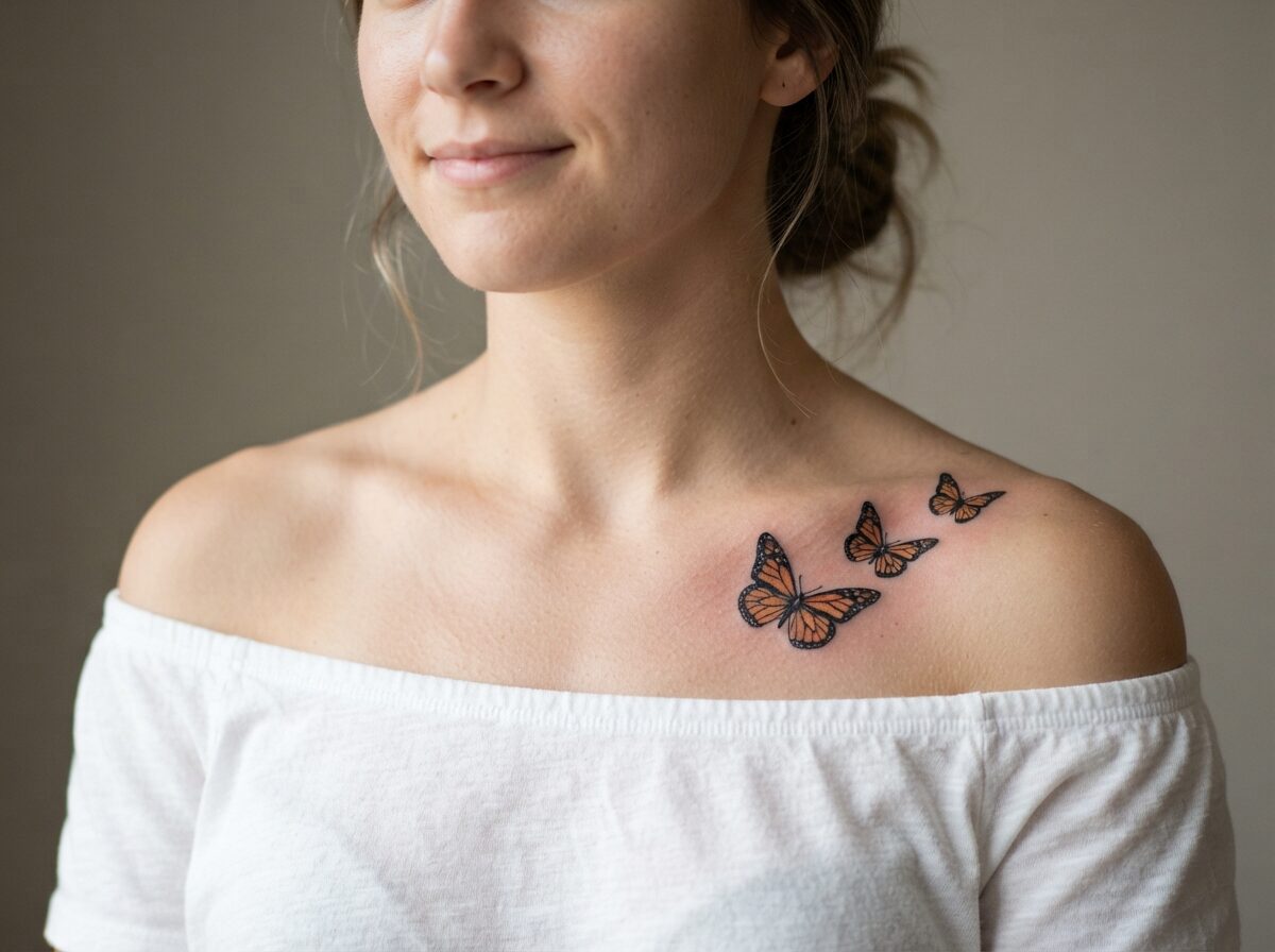Three monarch butterflies migration tattoo on the collarbone