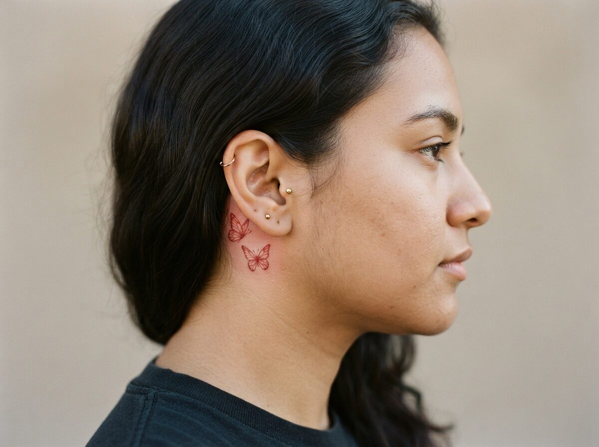 Three red butterflies tattoo behind the ear