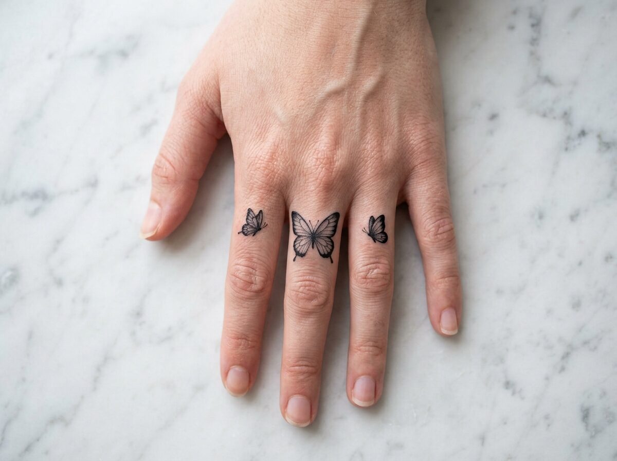 Tiny butterflies tattooed across the fingers
