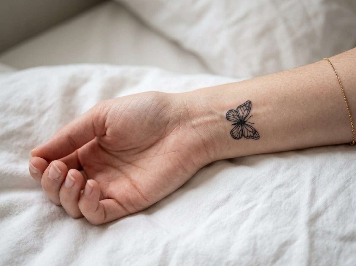 Butterfly wrist tattoo: tiny fine line butterfly on the inner wrist