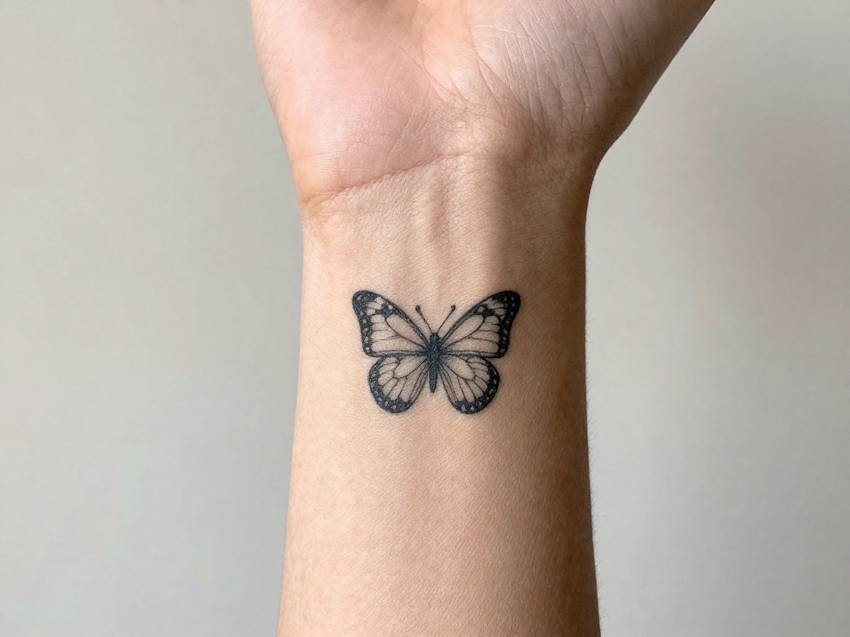 Tiny fine line butterfly tattoo on the inner wrist