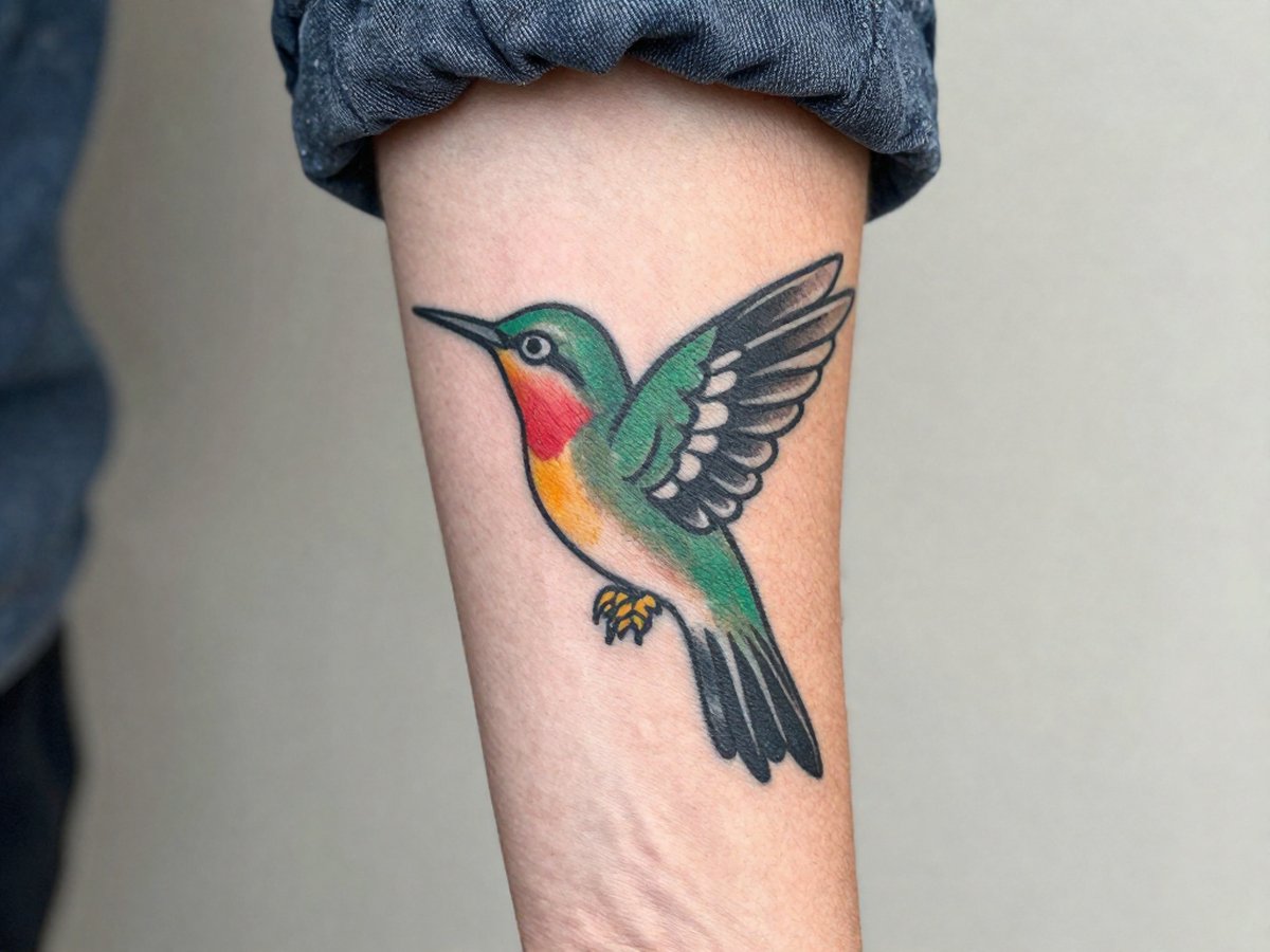 American traditional hummingbird with bold outlines in green, red and yellow tattoo on the outer forearm