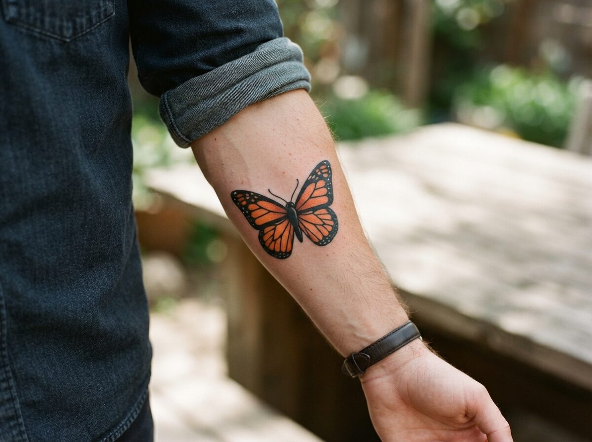 American traditional monarch butterfly tattoo on a forearm