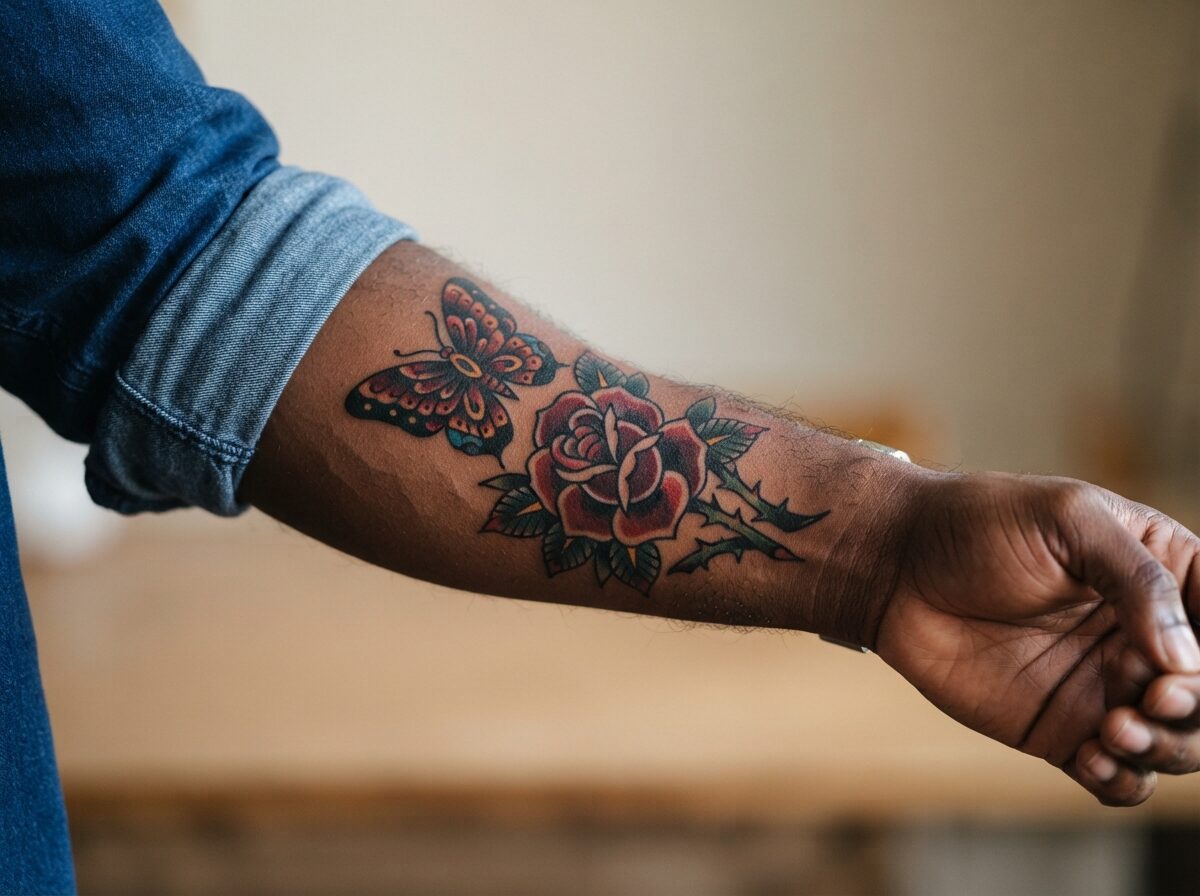 An American traditional red rose and butterfly with bold outlines on the outer forearm