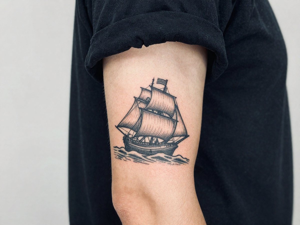 American traditional sailing ship riding a big wave with bold outlines tattoo on the upper arm