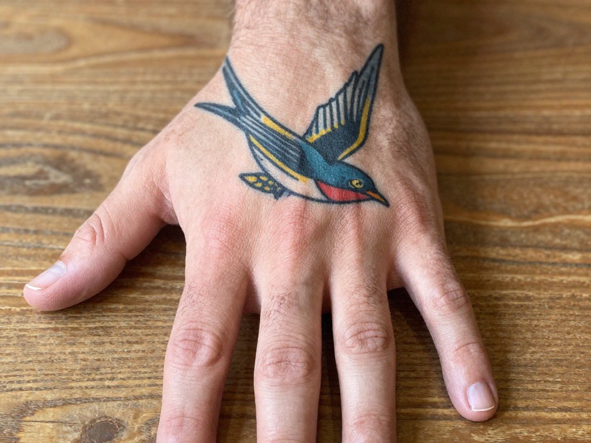 American traditional swallow in blue, red and yellow with bold outlines tattoo on the back of the hand