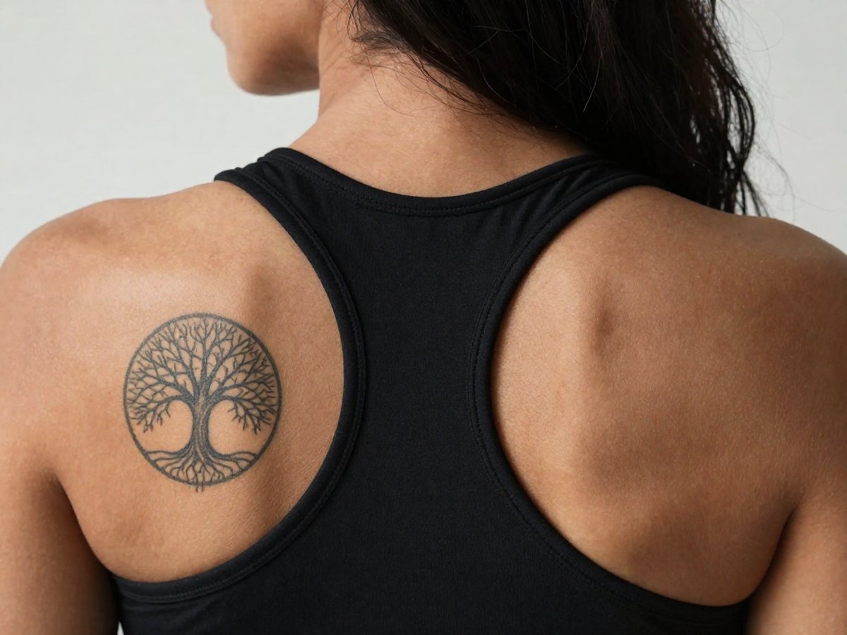 Round tree of life with roots and branches tattoo on the back of the shoulder