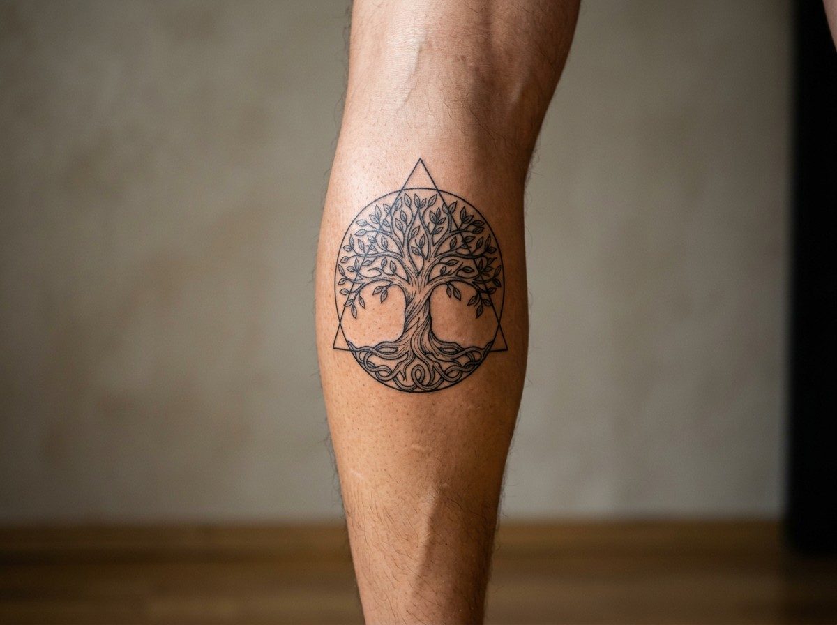 Tree of life tattoo: geometric tree of life on the calf