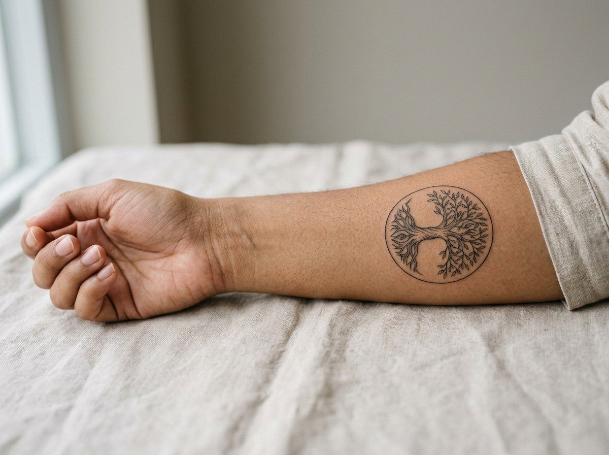 Tree of life tattoo: tree of life in a circle on the inner forearm