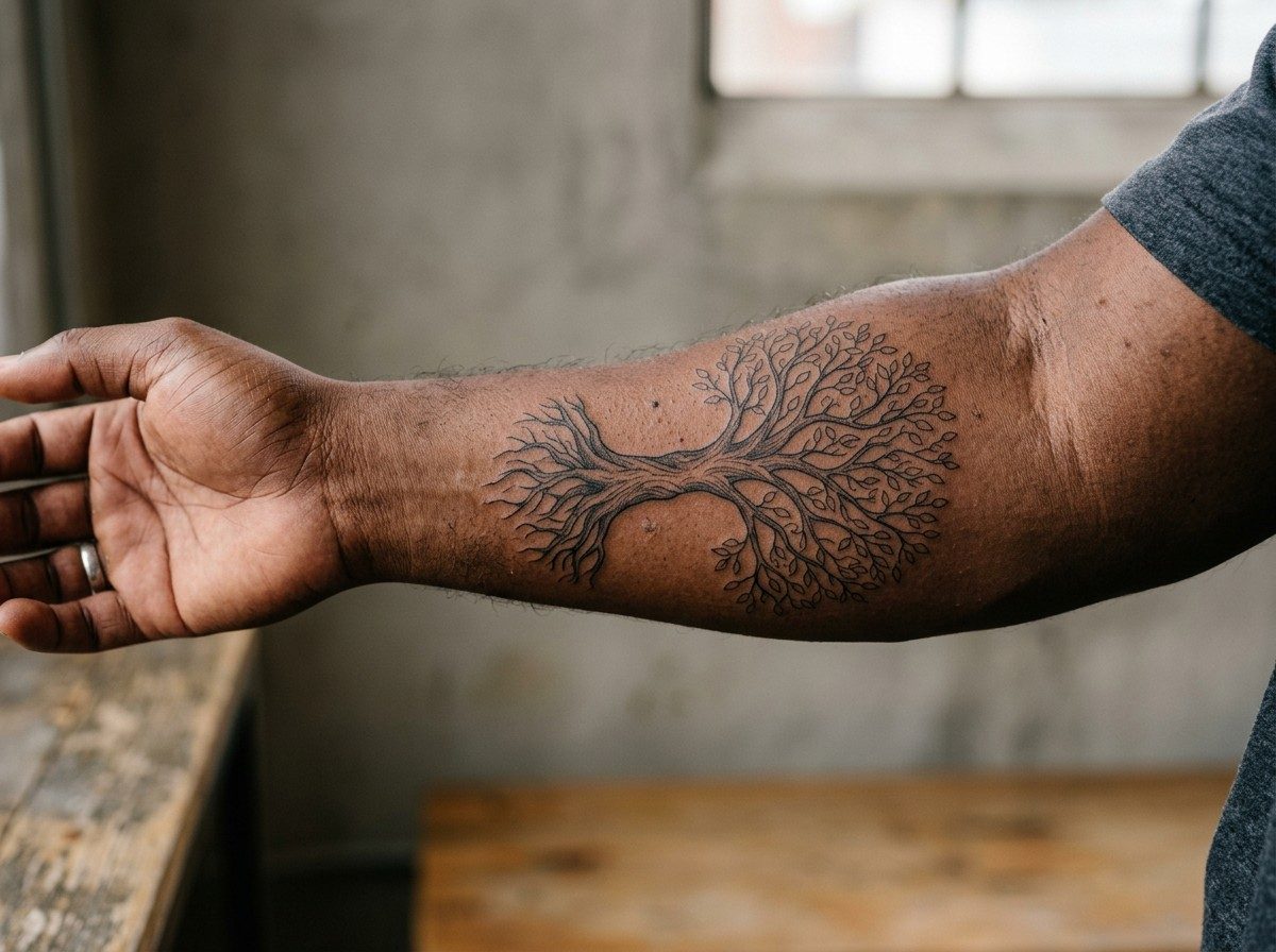 Tree of life tattoo: family tree with initials on the outer forearm