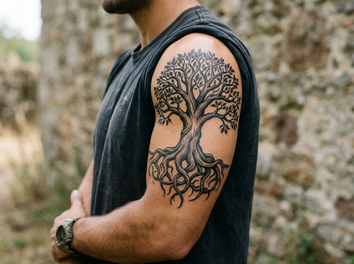 Tree of life tattoo: yggdrasil on the upper arm
