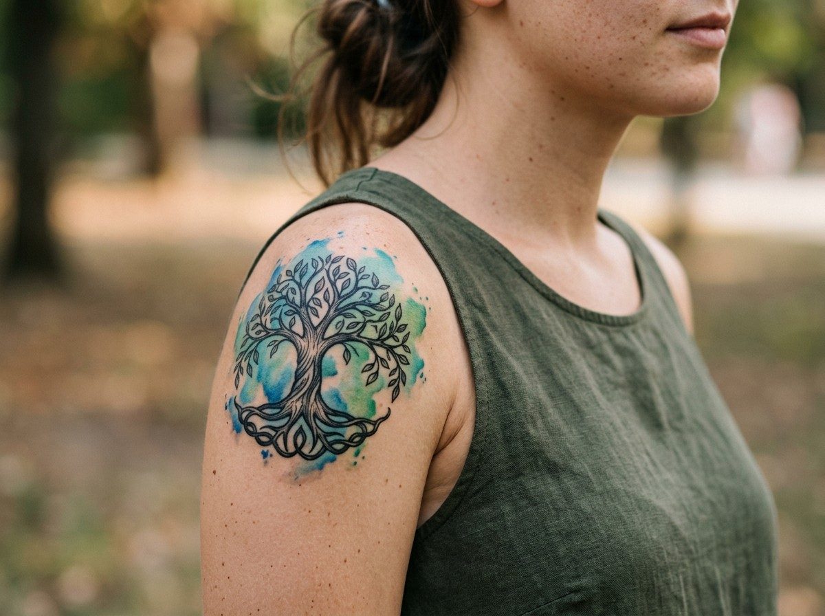 Tree of life tattoo: watercolor tree of life on the shoulder