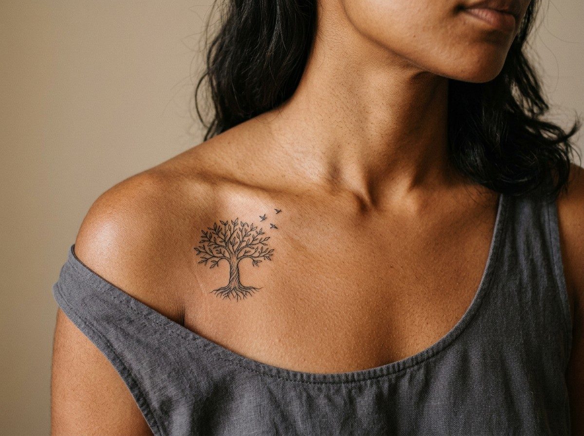 Tree of life tattoo: tree of life with birds on the collarbone