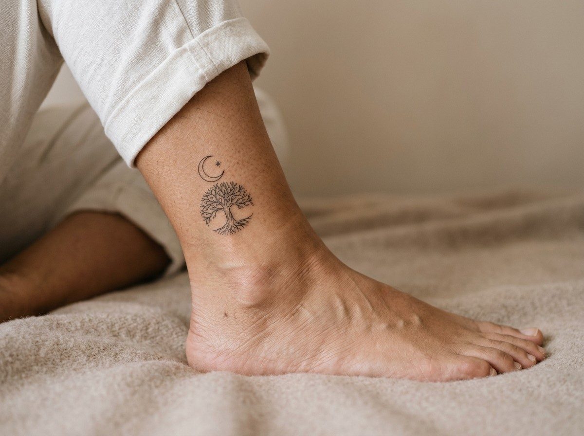 Tree of life tattoo: tree and moon on the ankle