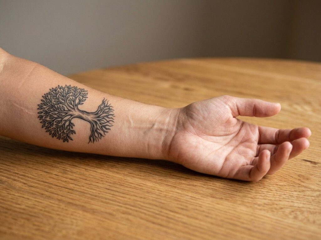 Tree of life tattoo: fine line tree with roots on the inner forearm