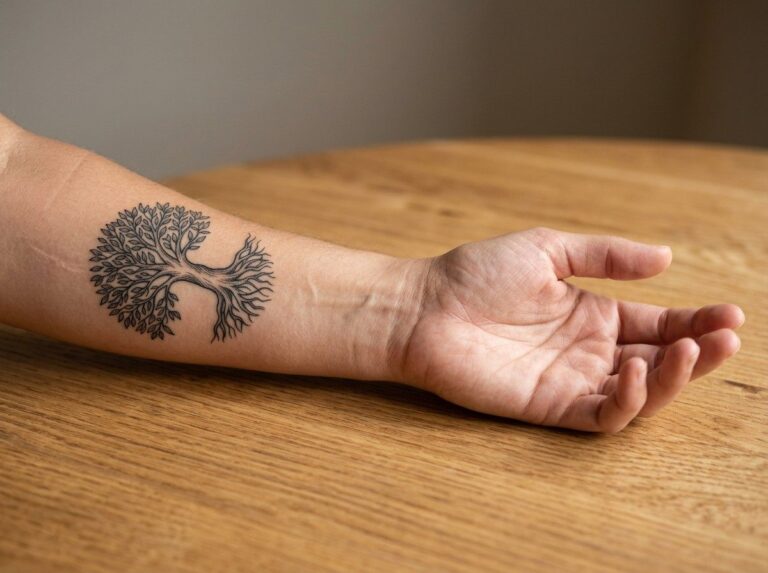 Tree of life tattoo: fine line tree with roots on the inner forearm