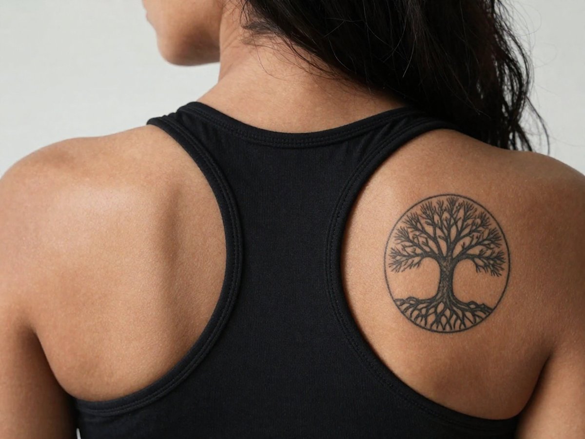 Tree of life with roots and branches mirrored inside a circle tattoo on the back of the shoulder