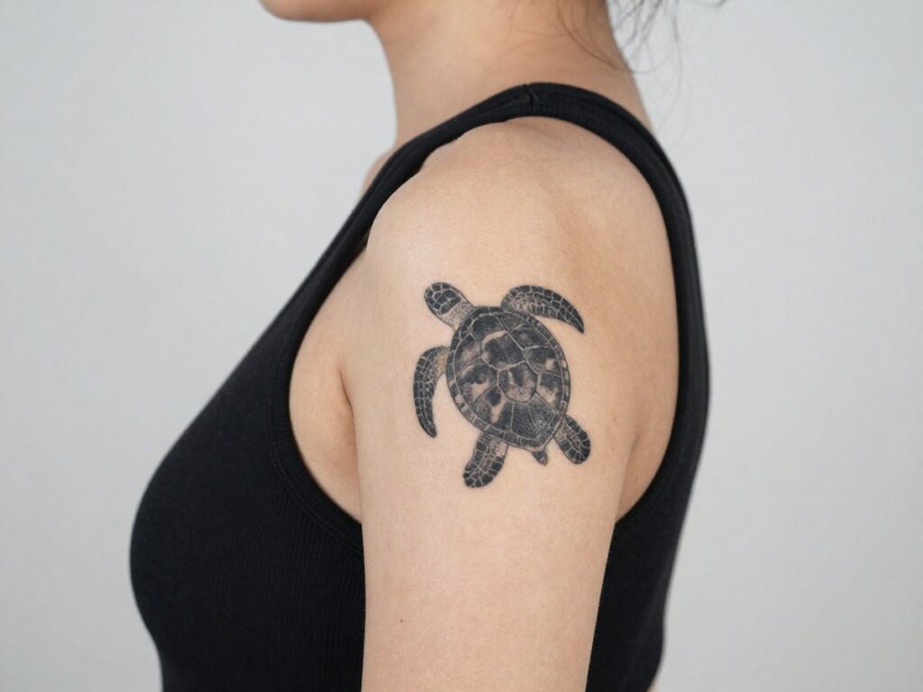 Turtle tattoo meaning: sea turtle tattoo on the shoulder