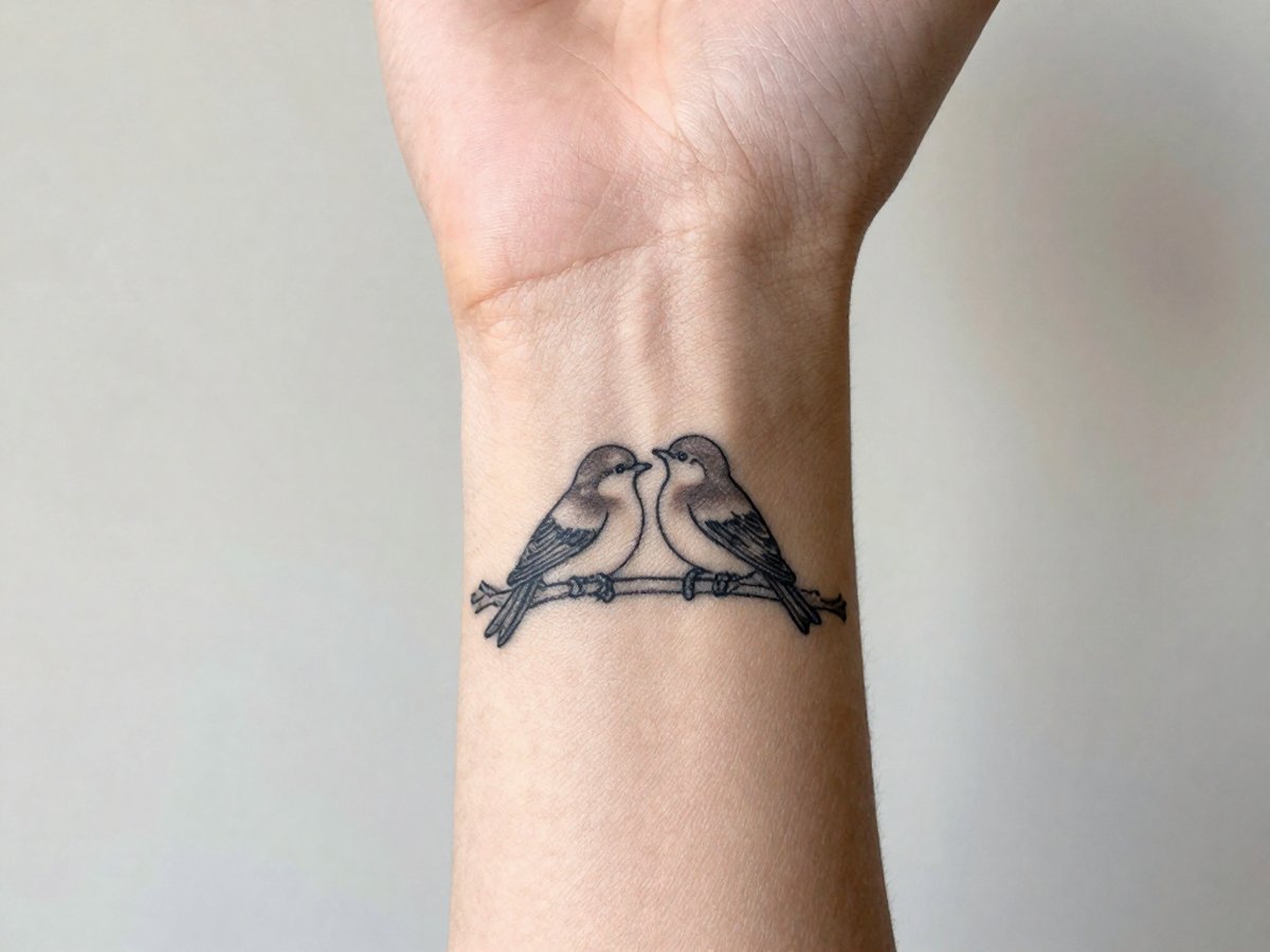 Two small birds sitting close together on a branch tattoo on the inner wrist