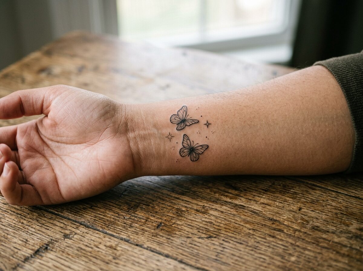 Two butterflies and tiny stars wrist tattoo