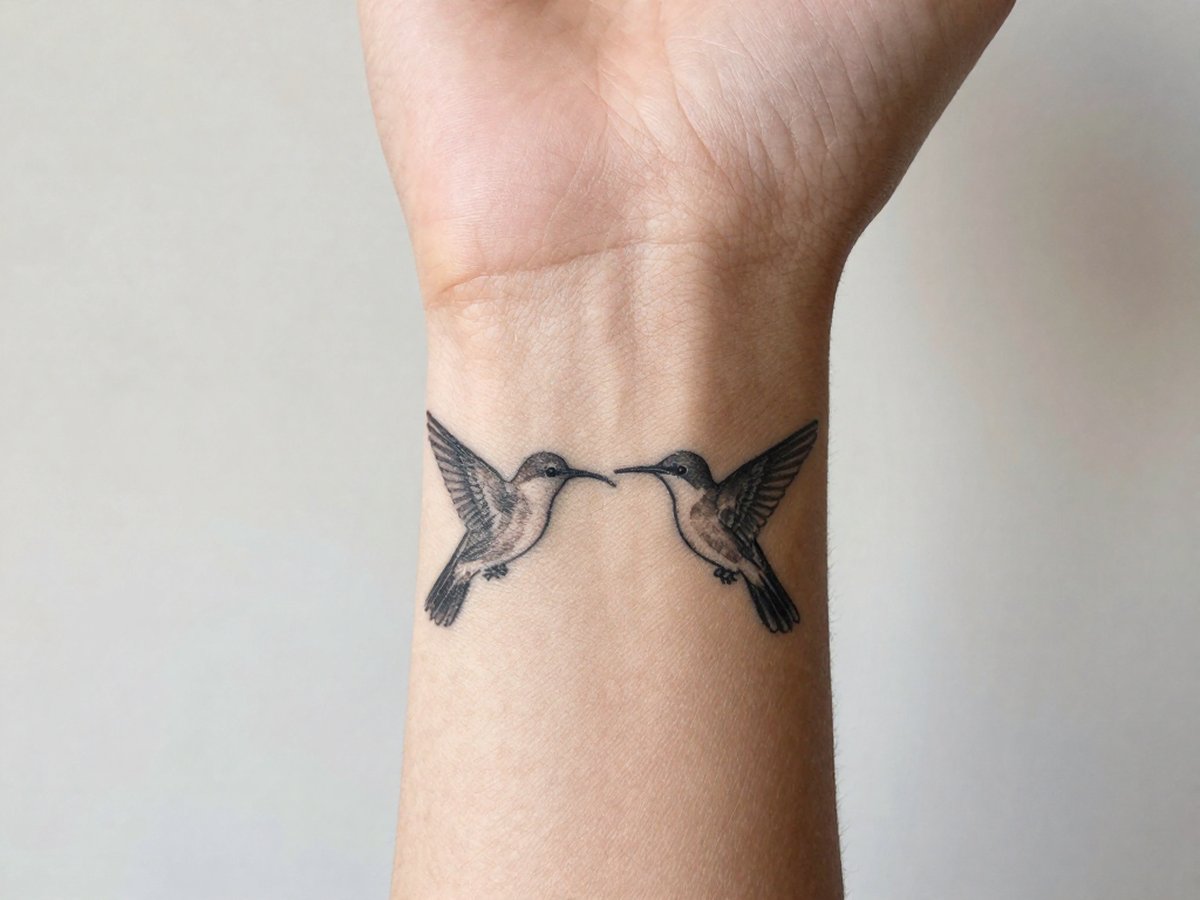 Two small hummingbirds facing each other so the space between them forms a heart tattoo on the inner wrist