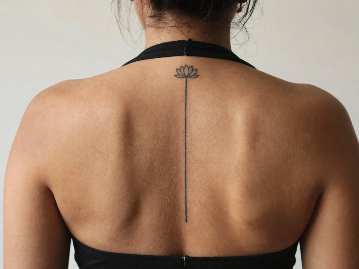 Vertical unalome line with a small lotus at the top tattoo on the spine