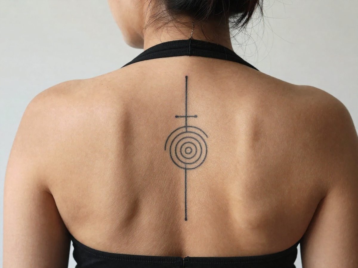 Fine line Buddhist unalome symbol with a spiral, loops and a straight line tattoo on the spine
