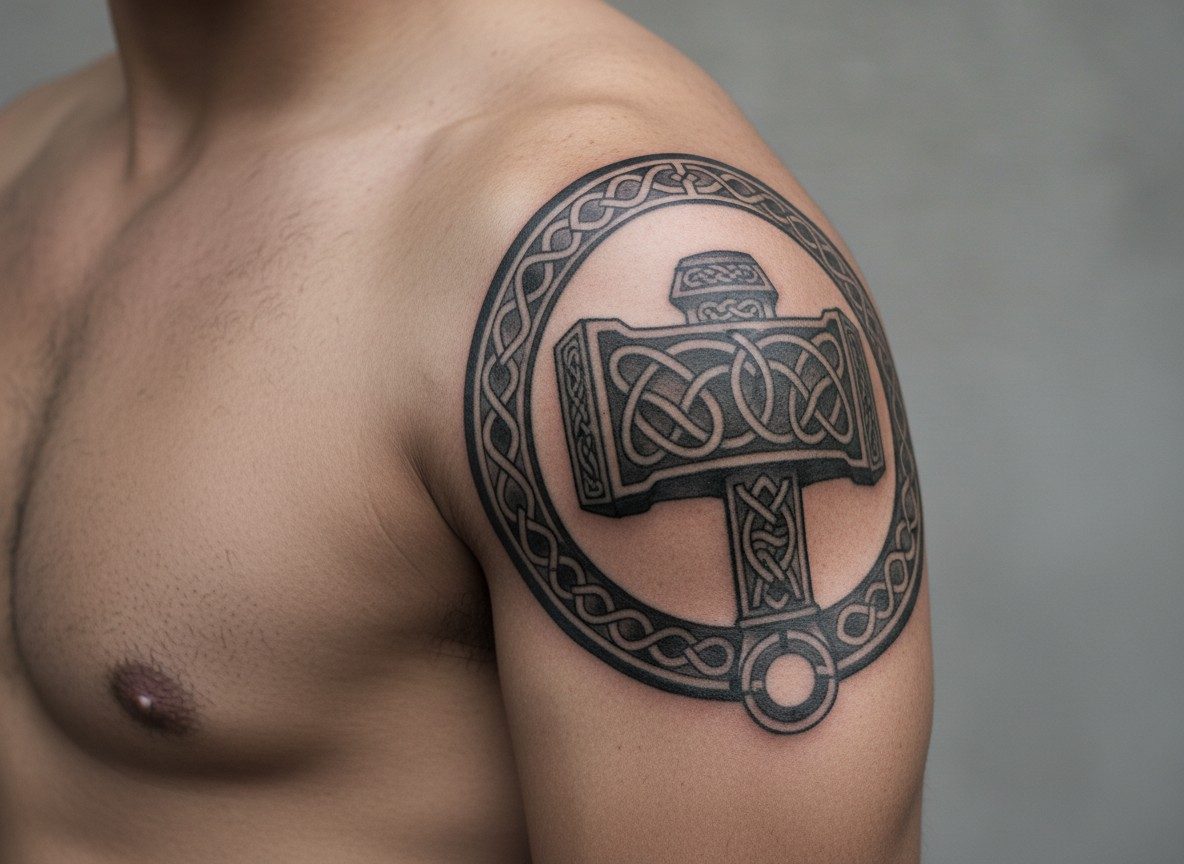 Viking tattoo ideas: mjolnir hammer on the upper arm