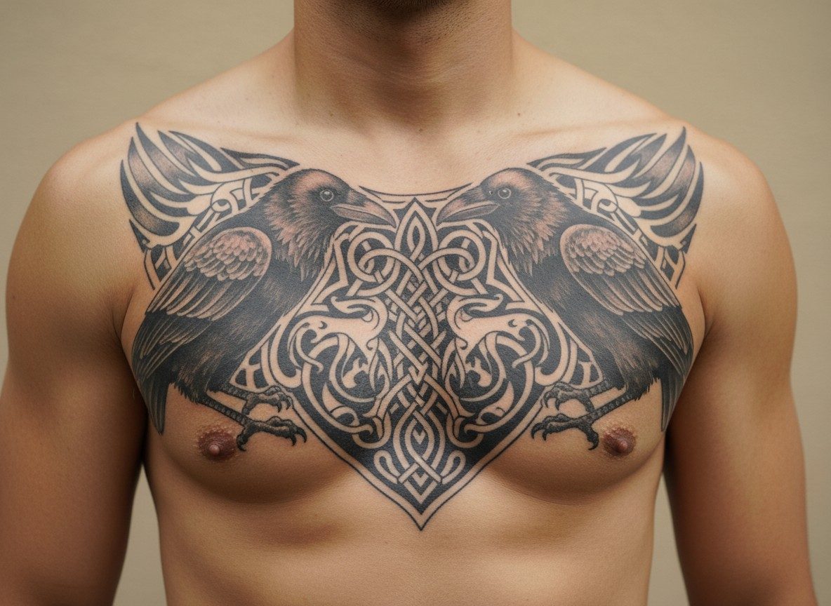 Viking tattoo ideas: huginn and muninn ravens on the chest
