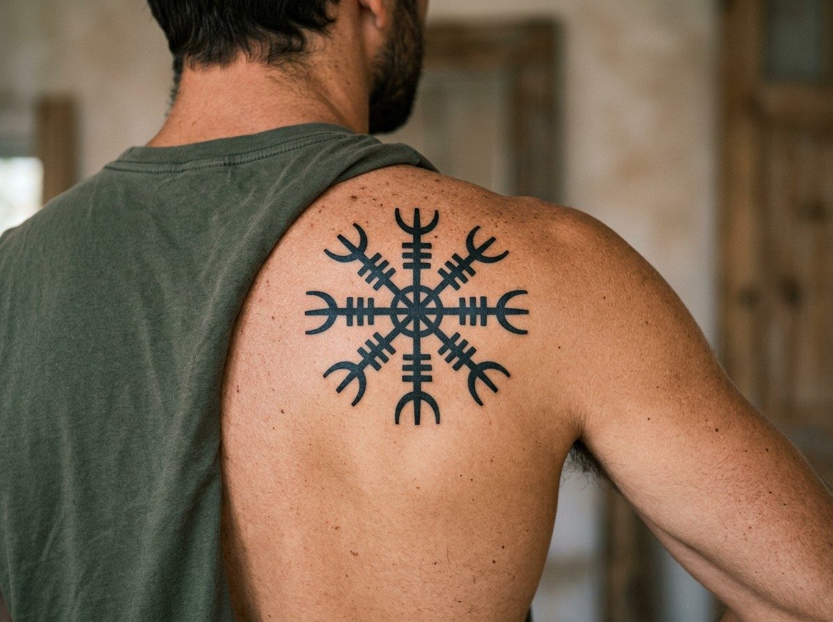 Viking tattoo ideas: helm of awe on the back of the shoulder