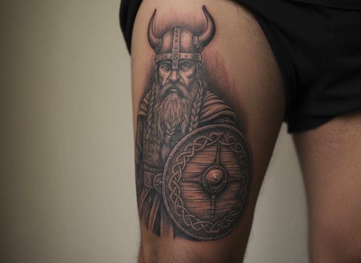 Viking tattoo ideas: viking warrior on the outer thigh