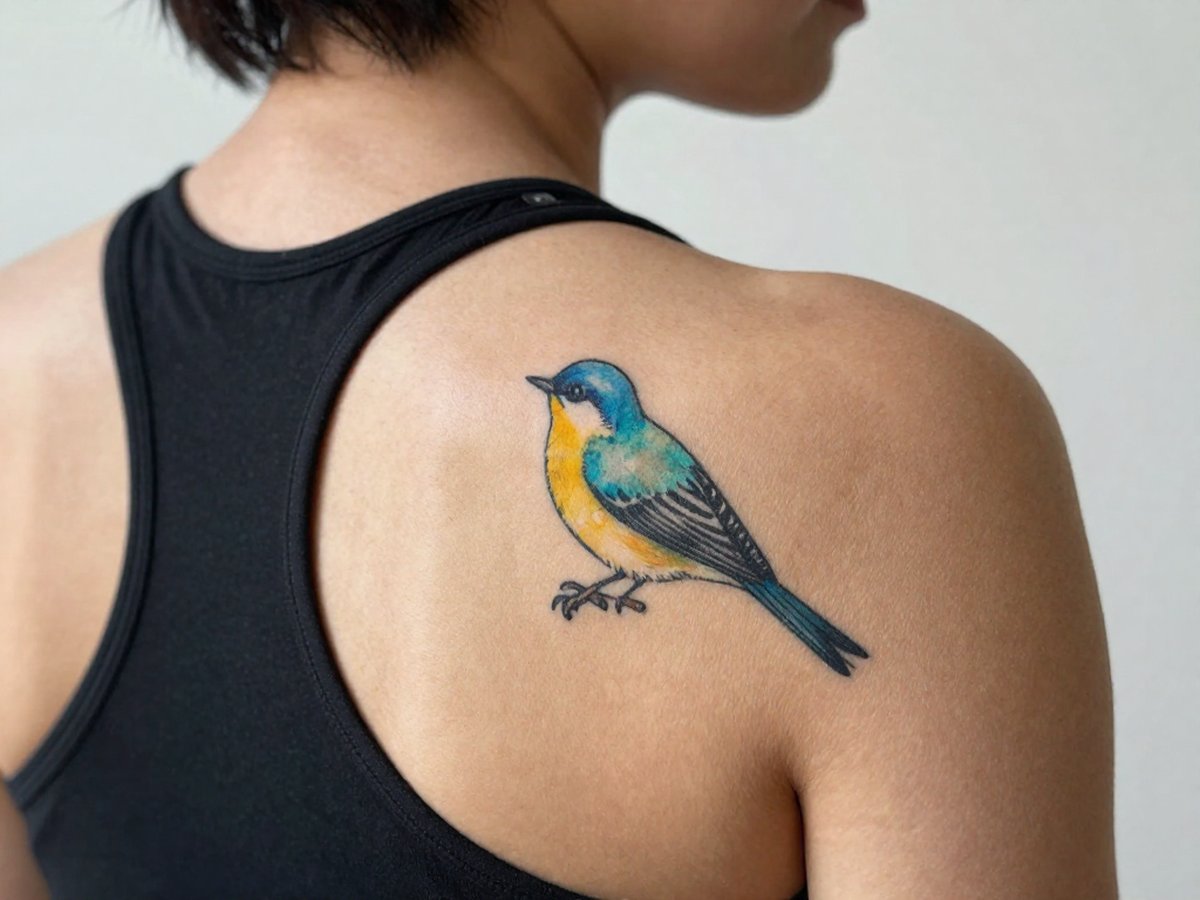 Watercolor songbird with blue, teal and yellow washes and strong outlines tattoo on the shoulder blade