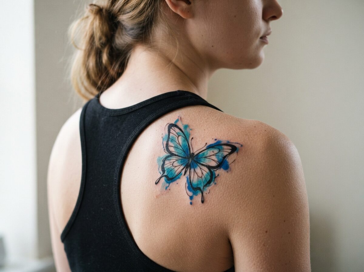 Watercolor blue butterfly tattoo on the shoulder
