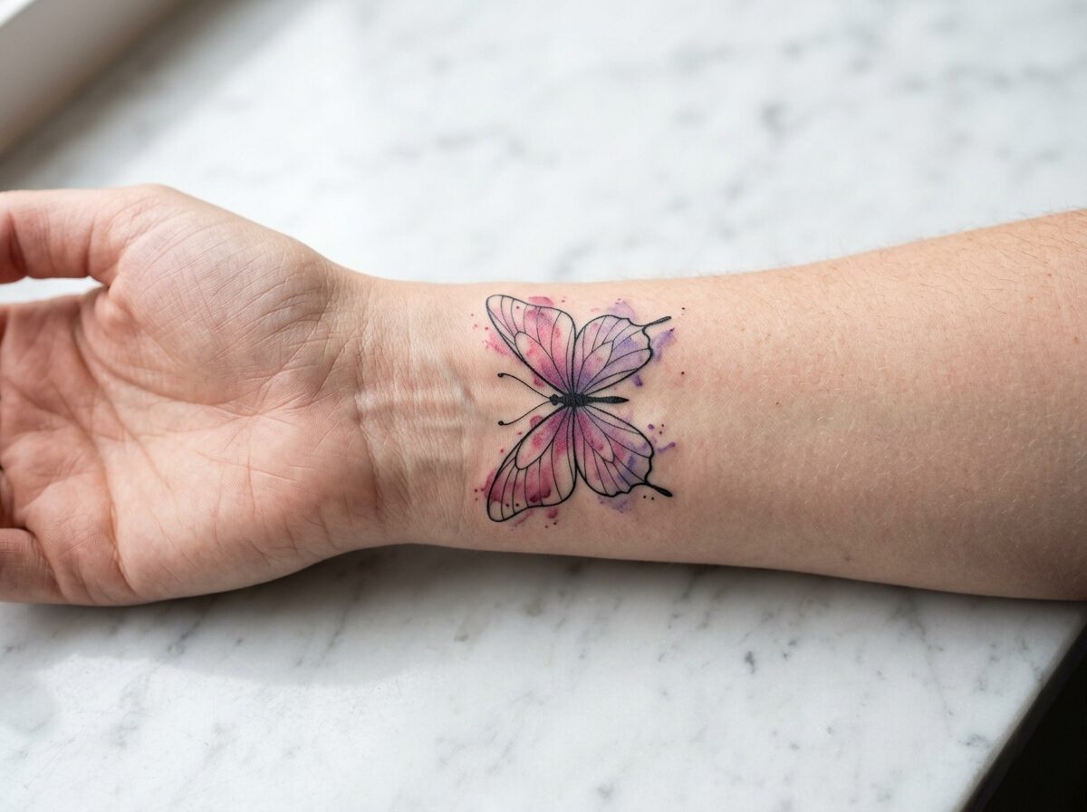 Watercolor butterfly wrist tattoo