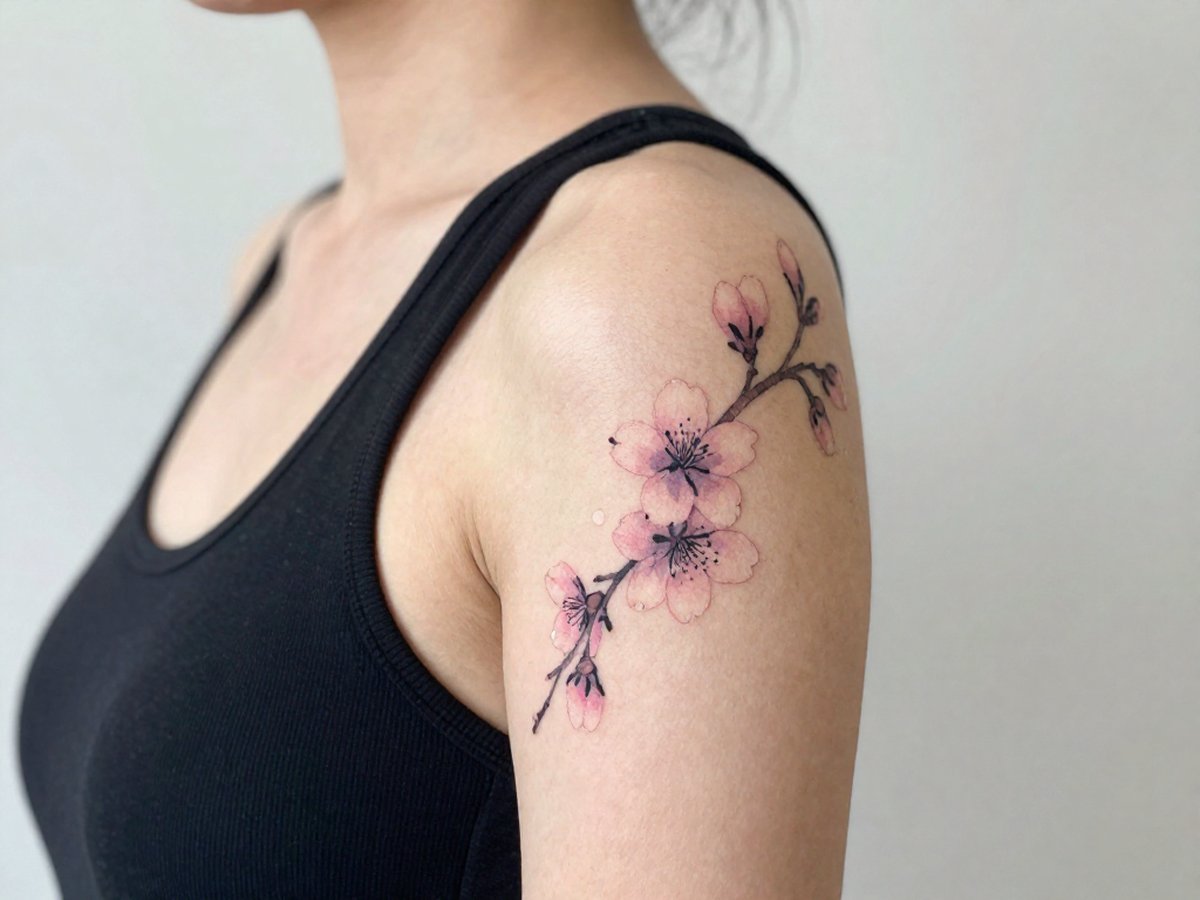 Watercolor cherry blossoms with soft pink and purple washes and a black outlined branch tattoo on the shoulder