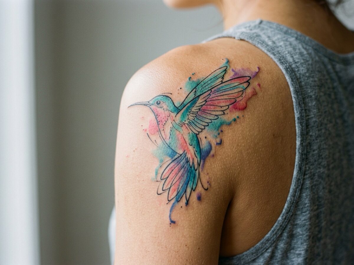 Watercolor hummingbird tattoo on the shoulder