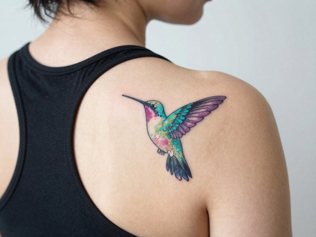 Watercolor hummingbird with turquoise, violet and magenta washes and a strong black outline tattoo on the shoulder blade