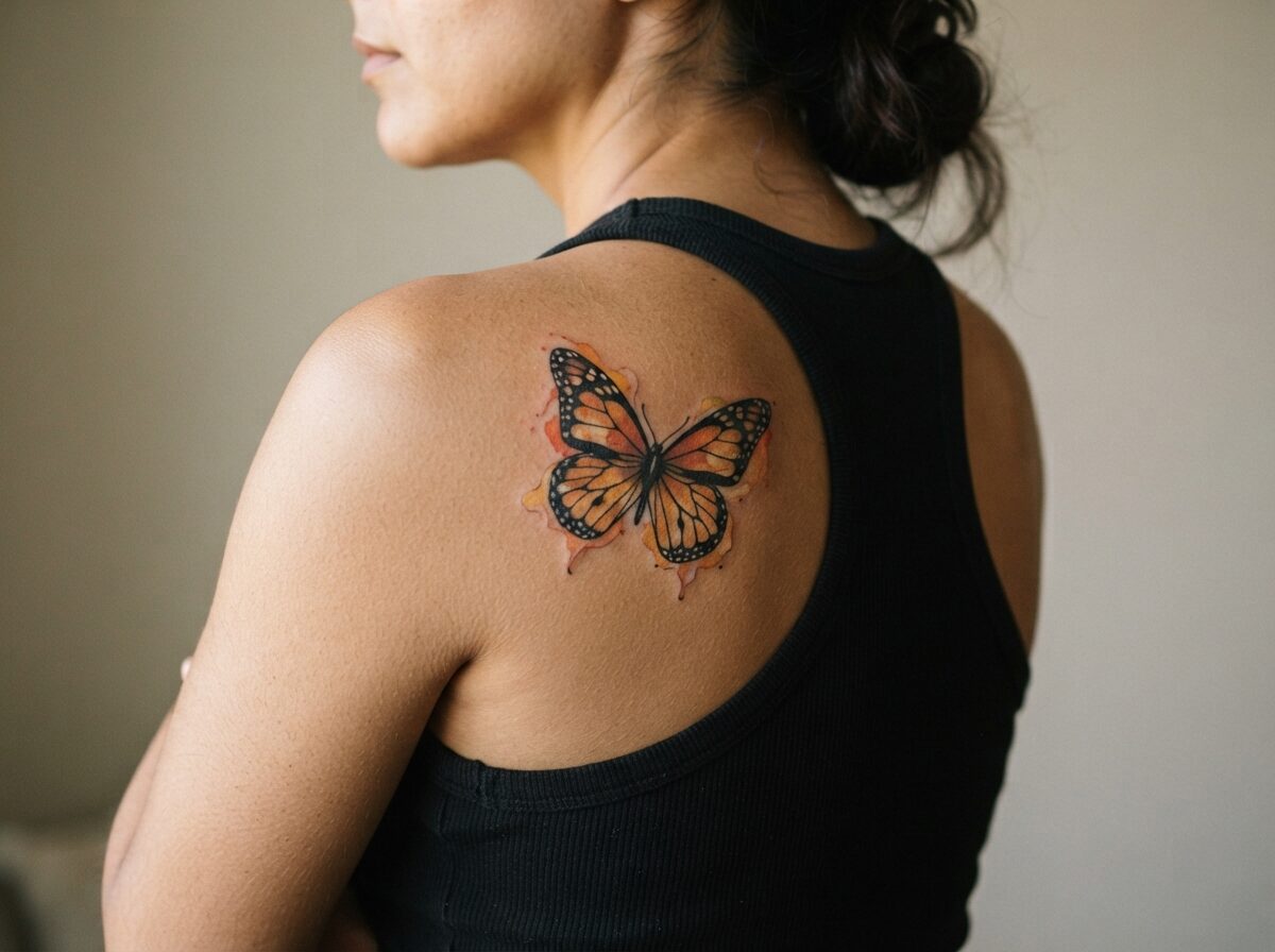 Watercolor monarch butterfly tattoo on the shoulder
