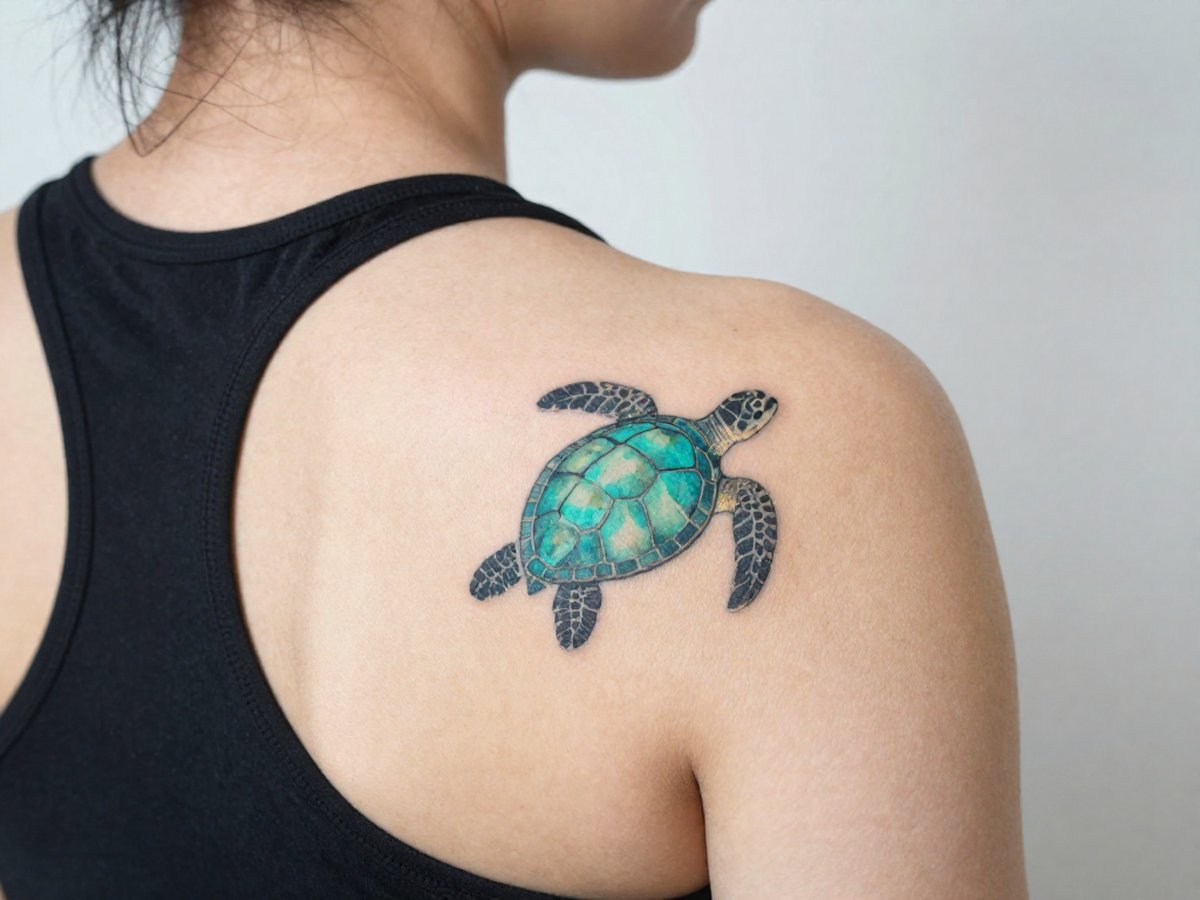 Watercolor sea turtle with turquoise and green washes and a solid black outline tattoo on the shoulder blade