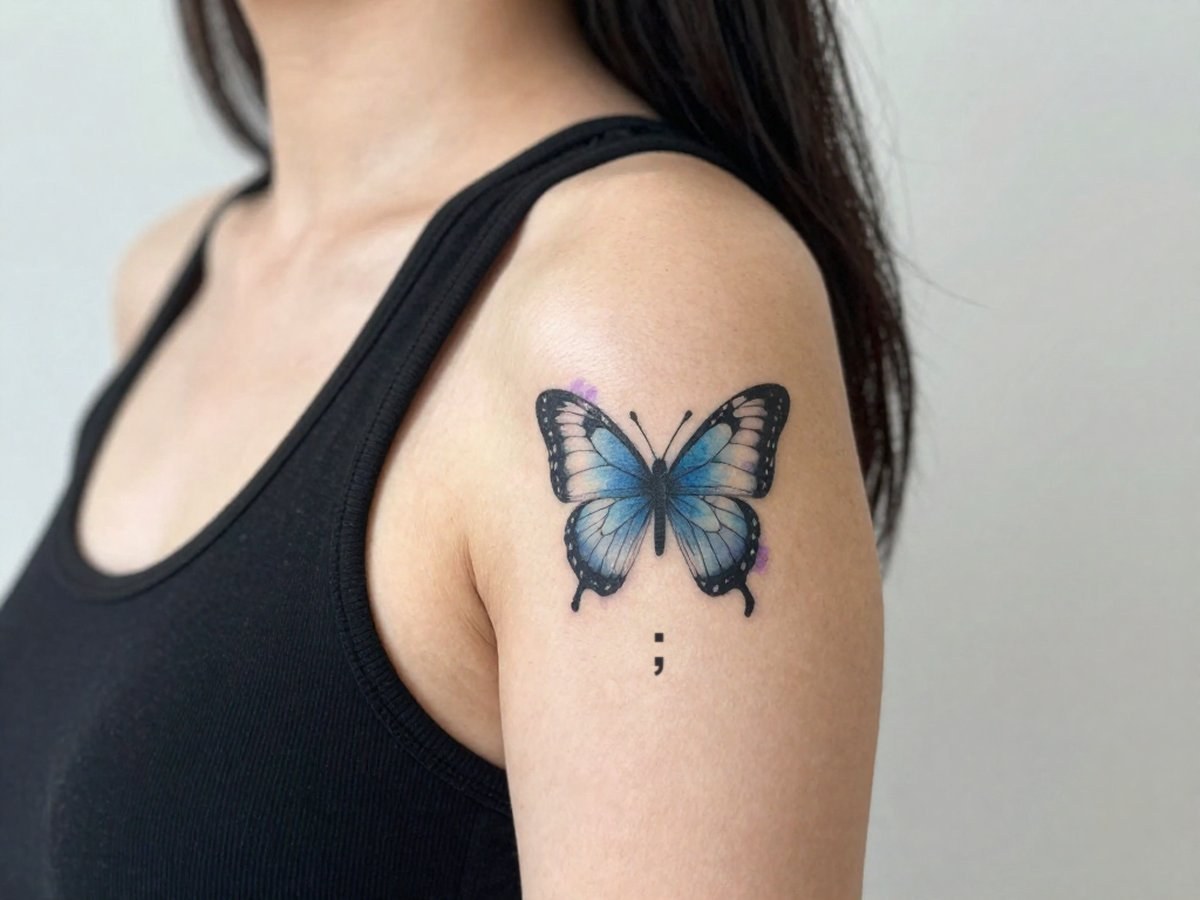 A semicolon butterfly with soft blue and purple watercolor splashes on the shoulder