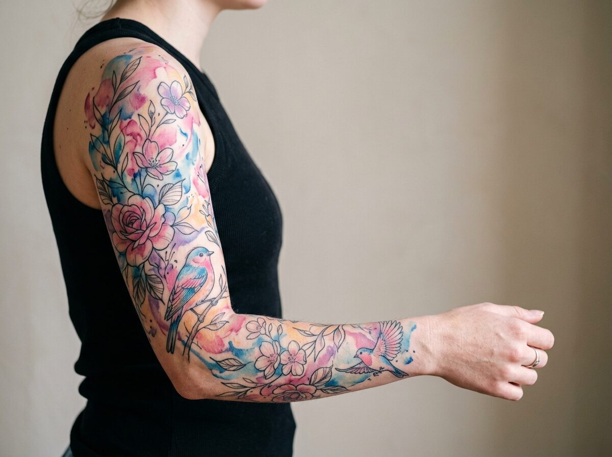 Watercolor sleeve tattoo for women with flowers and birds