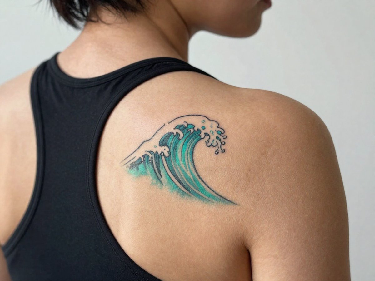 Watercolor wave with teal and turquoise washes and strong black outlines tattoo on the shoulder blade