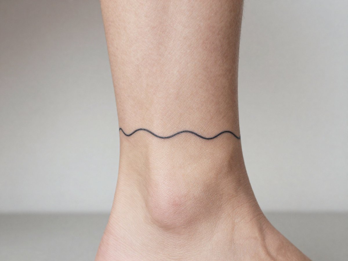Thin fine line band of repeating waves wrapping around like a bracelet tattoo on the ankle