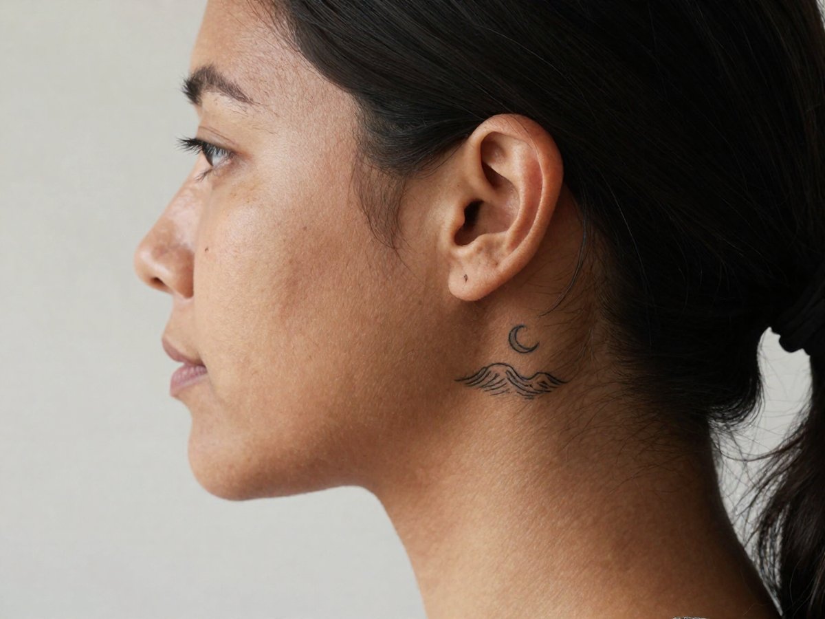 Small wave with a crescent moon above it tattoo behind the ear